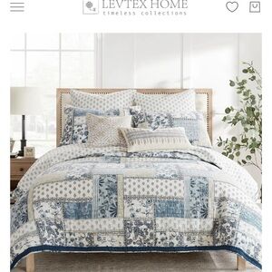 Levtex Blue and Cream Patchwork Quilt Set with Floral and Paisley Accents